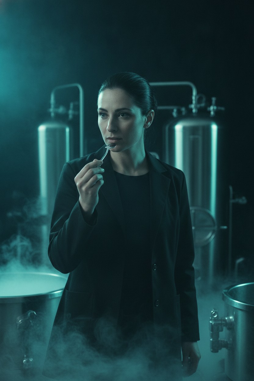 Selin Batur, aroma ve duyusal analiz sorumlusu, tadım kaşığıyla lab tezgahında